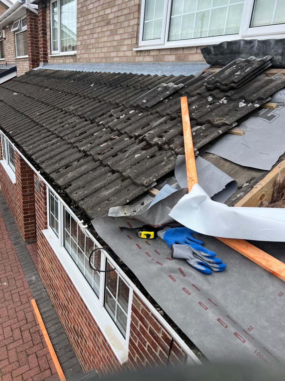 This is a photo of a pitched roof which is being repaired. The existing roof was leaking badly. Works carried out by Whiteley Roofing Repairs